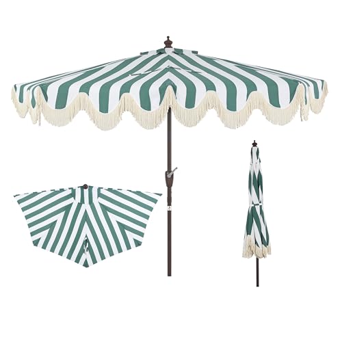 JONATHAN Y Half Umbrella UMB1201F Beverly 9 ft. Designer Classic Scalloped Fringe Market Patio with Crank, Push Button Tilt and UV Protection in Green/White