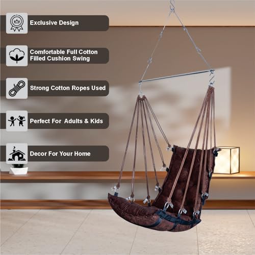 Image of JULJULIA Swing for Balcony Comfortable Cotton Swing Relaxing Jhula for Adults for Home Indoor Outdoor Hanging Seat for Apartment Patio Terrace Garden- 200 kg Weight Capacity - HVY Design Dark Coffee