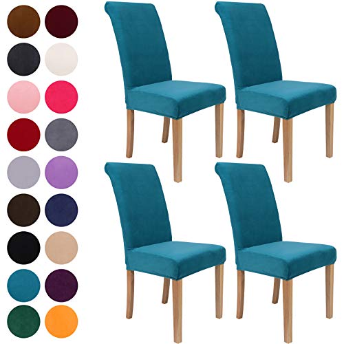 Colorxy Velvet Spandex Chair Covers for Dining Room Set of 4, Soft Stretch Chair Protectors Slipcovers, Removable and Washable, Peakcock Green