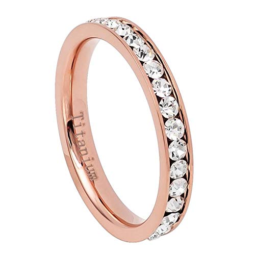 Tungsten Jeweler Free Engraving Titanium Ring for Men and Ring for Women Titanium 3mm Rose Gold IP Plated Titanium Eternity Ring with White CZs