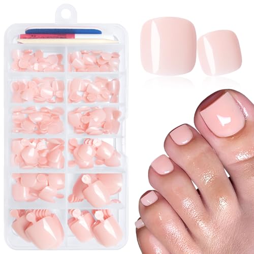 LuckForever 168pc Press on Toenails Women Fake Toe Nails with Glue Tabs, Nude Fake Toenails Press on Nail Toe Acrylic Nail Tips Short Square False Toenail Feet Artificial Toe Nails Press on