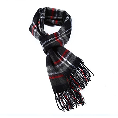 A.WAVE Softer than Cashmere Wool Touch Tassel Ends Plaid Check Solid Scarf (Black & Red, 12 x 66 inches (31 x 167.5 cm))