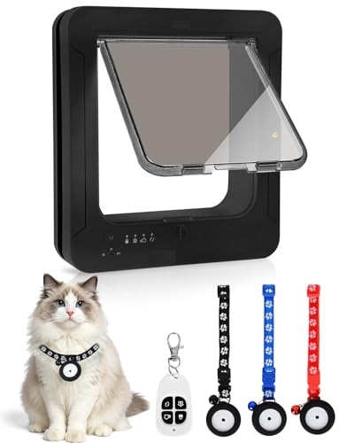 Smart Cat Door with 3 Collar Sensor Key RFID Cat Door Collar Activated with Remote Control 4 Way Locking Cat Flap Automatic Pet Door Interior & Exterior Flap Opening is 7.67 (H) by 7 (W)
