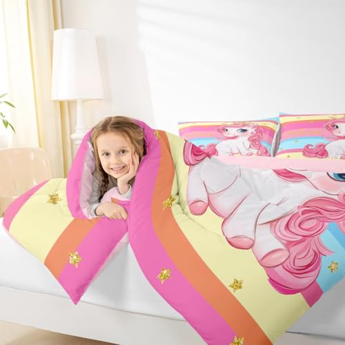 Image of Erosebridal Pink Unicorn Full Bed Comforter Set for Girls | Princess Rainbow Unicorn Bedding Set Cute Stars Striped Bed Sets Girly Cartoon Horse Quilt Comforter Fantasy Girls Room Decor,3 Pcs