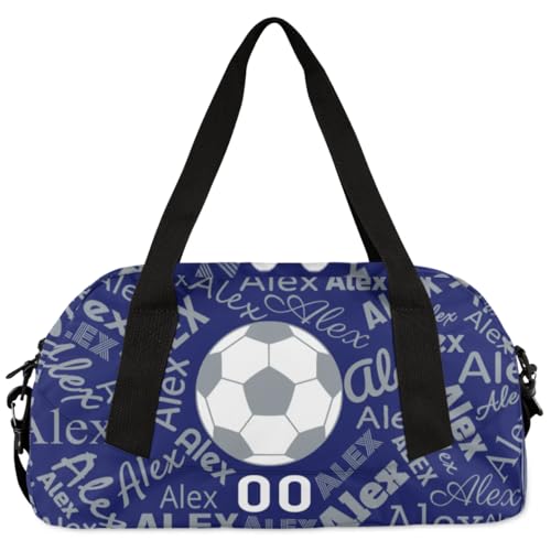 Soccer Football Personalized Duffel Bag for Boys Girls,Custom Name Number Sport Gym Bag Overnight Weekender Bag Travel Duffle Bag, Bright Blue Silver4
