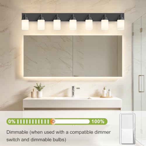 Image of Bathroom Light Fixtures, Matte Black Bathroom Lighting Fixtures Over Mirror, Modern Vanity Light with White Glass Shade, Restroom Lighting Fixtures, 7-Light 54-inch