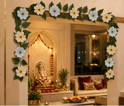 Image of Divyakosh Mango Leaf Vine with White & Blue Cosmos Flowers (6.5 FT) for Door Entrance Decor Creeper | Artificial Flowers Garland,Thoran,Festive Puja Wall Hanging for Diwali Navratri Ganpati Home Decor