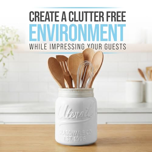 Comfify Wide Mouth Mason Jar Utensil Holder Decorative Kitchenware Organizer Crock - Perfect Cookware Gift - White, Large Size 5.4x6.75 by Comfify - Image 2