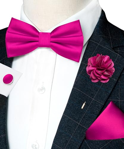 Image of RBOCOTT Solid Color Bow Tie and Pocket Square with Lapel Pin Cufflinks Set 4PCS