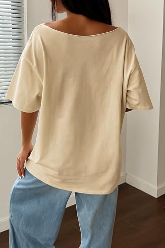 Image of SXV STYLE More Espresso Less Depresso Coffee Cup Print Off-Shoulder T-Shirt, Beige, Casual Graphic Design, Women's Loose Fit