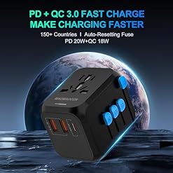 Worldwide Universal Travel Adapter with PD20W 2 USB 1 USB C and 1 AC Plug International Plug Adapter for Germany USA England
