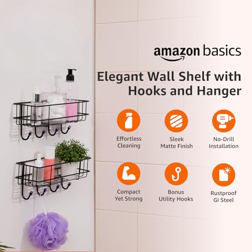 Image of Amazon Basics Self-Adhesive Wall Shelf - No-Drill Multipurpose Bathroom /Kitchen Organizer with Hooks and Towel Holder, Rust Proof GI Steel Organizer | Black, 28.2 x 9.8 x 11.5 cm, Pack of 4
