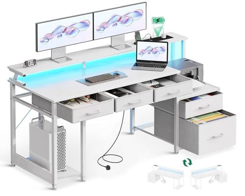 Coleshome Desk with Drawers 142x48cm Space Saving Corner Computer Desk with 4 Storage Drawers, Reversible Small Office L Shaped Table Featuring Power Outlet, LED Strip & Monitor Shelf, White Coleshome Desk with Drawers 142x48cm Space Saving Corner Computer Desk with 4 Storage Drawers, Reversible Small Office L Shaped Table Featuring Power Outlet, LED Strip & Monitor Shelf, White