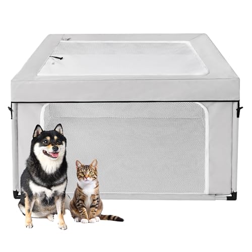 EHEYCIGA 42x42x26 Inches Puppy Playpen with Top Cover for Dogs & Cats Indoor or Outdoor - Dog Playpen with Door, Dog Fence for Small Animal with Heavy-Duty Oxford & Steel Frame, Sliver Grey
