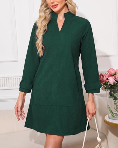 Women's Corduroy Dress Long Sleeve V Neck Stand Collar Casual Vintage Fall Mini Shift Dress with Pocket2