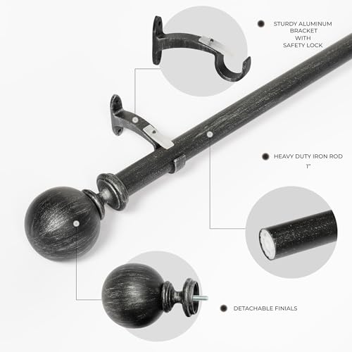 Image of Deco Window 44 inch-120 inch Adjustable Rustproof Curtain Rod for Doors & Windows with Brackets, Extendable Iron Metal Pipe Holder with Ball Rustic Silver Finials (Antique Pewter,25MM Diameter)