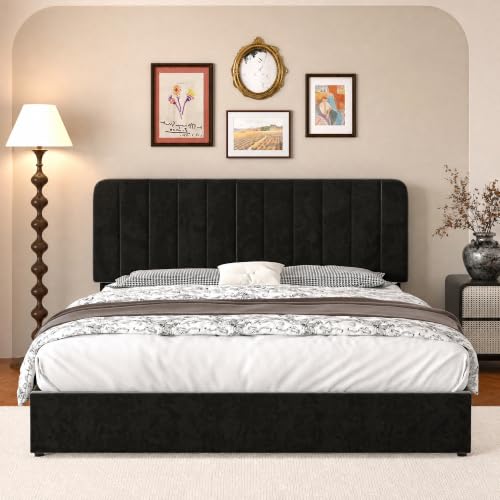 Image of VECELO King Size Upholstered Bed Frame with 4 Drawers and Headboard, Velvet Platform Storage Bedframe, Wooden Slats Support, No Box Spring Needed,Black
