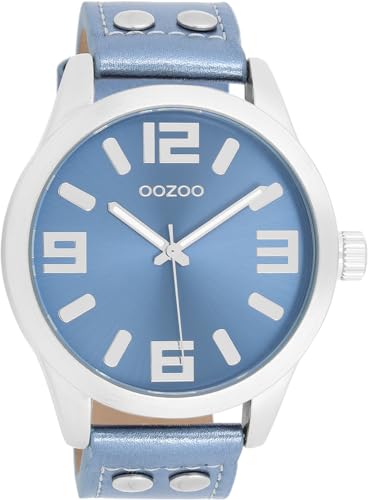 Oozoo - Timepieces Damen Uhr metallic Blue | Armbanduhr Damen mit Lederarmband | Moderne Uhr für Frauen - Edle Analog Damenuhr in rund C1079 (46mm)
