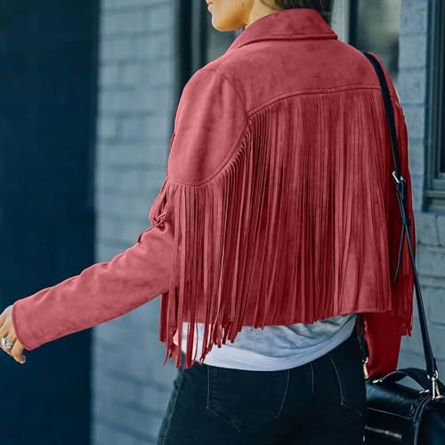 Kubbon Women's Fringe Faux Suede Leather Jackets 2024 Fall Long Sleeve Tassel Cropped Cowboy Coats Motorcycle Outfits3