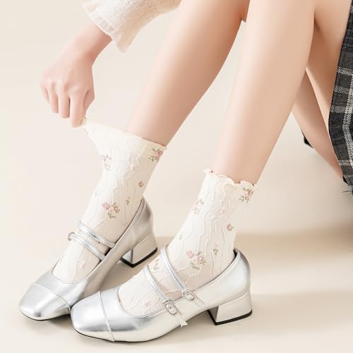 Image of Womens Ruffle Crew Socks Vintage Patterned Ankle Casual Fashion Dress Sock Cute Lettuce Floral Socks 5 /6 Pack