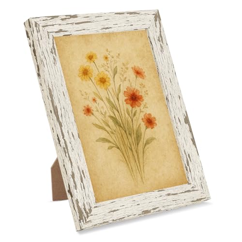 puthiac 5x7 Rustic Picture Frame, Farmhouse Distressed Wood Photo Frame, Shatterproof Acrylic Front, Wall & Tabletop, Vertical/Horizontal, Vintage Art Print Included – Distressed White