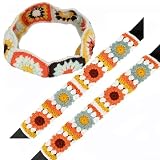 Häkel-Lenkradbezug mit Sonnenblumenmuster, gestricktes Baumwollgarn, weicher Griff, Boho-Oma-Quadrat-Zubehör für Frauen, Autoinnenausstattung im Vintage-Stil mit Sicherheitsgurtpolstern