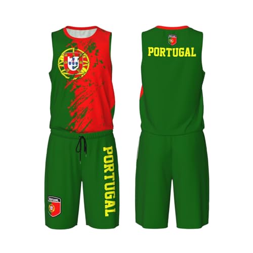 Portugal Flag Grain (1) Basketball Jersey Uniform Suit For Men Adults Training Athletic Set