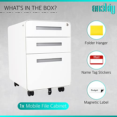 Anskiy Mobile Filing Cabinet - 3 Drawer File Storage With Lockable Wheels For Home Office - Gang Locking System, Cold-Rolled Steel, Electrostatic Powder Coating - White Color, 23.62"X15.75"X19.69" #TOP6