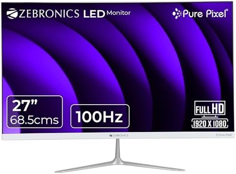ZEBRONICS 27” (68.5 cm) Bezel-Less LED Monitor, 100Hz Refresh Rate, IPS Display, HDMI, VGA, FHD 1920x1080, 250nits, Built-in Speaker, 16:9 Aspect Ratio, Anti-Glare Screen, 16.7M Colors (SA127, White)