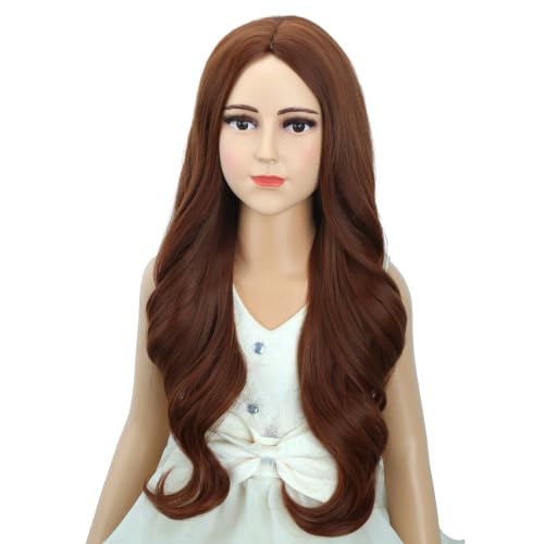 Image of Kids Ginger Orange Wig Long Dark Orange Wavy Curly Wig for Child Girls Long Ginger Middle Part Wigs Heat Resistant Synthetic Wigs with Cap