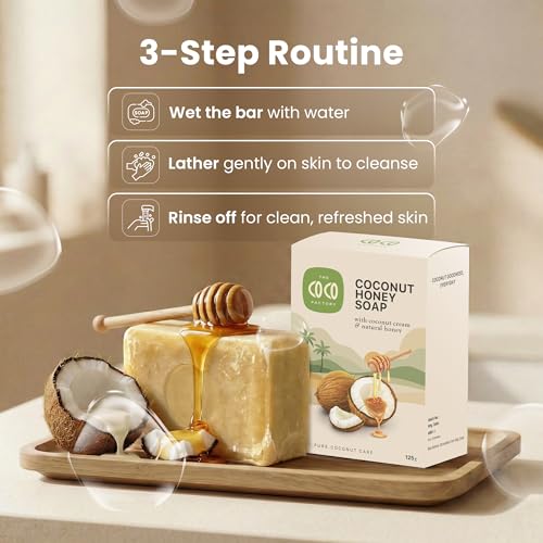 Image of Coconut Honey Soap 125g, Pack of 3 | Handmade Cold Processed with Coconut & Honey | Moisturizing Soap for Dry, Sensitive Skin | Natural, Vegan, Chemical-Free Herbal bath soap | For Men & Women