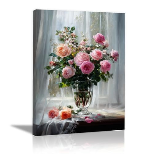 Peinture sur toile fleurs vase rose tableau multicolore encadré HOQIU