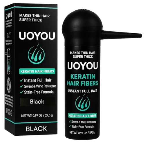 UOYOU Hair Fibres BLACK 27.5g with Pump Applicator Natural Keratin Hair Building Fibers for Thinning Hair Undetectable Sweat- & Wind-Resistant Concealer for Men & Women