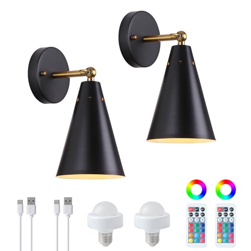 Image of MWZ Black Rechargeable Wall Sconce Set of 2,Wireless Battery Operated Sconces Lighting with Remote Control, Modern Dimmable 12 RGB Color Temperatures Adjustable Angle Lamp with Cone Metal Shade