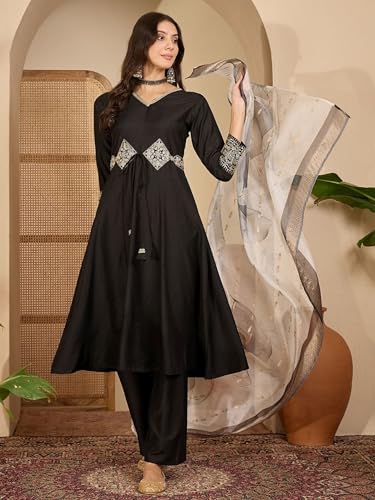Image of EthnicJunction Women's Cotton Silk Embroidered Anarkali Kurta Palazzo with Digital Print Dupatta Set