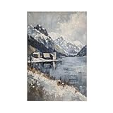 BFTIUTG Póster de lienzo vintage con paisaje de montaña de fiordos de invierno, pintura al óleo para decoración de pared para sala de estar, dormitorio, 40 x 60 cm