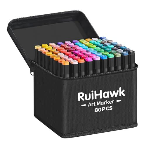 RuiHawk Rotuladores Alcohol, Rotulador de 80 Colores Doble Punta, 2S Secado Rápido Marcadores Permanente con Bolsa de Almacenamiento y Espaciador, Markers para Bocetos, Cómics, Colorear