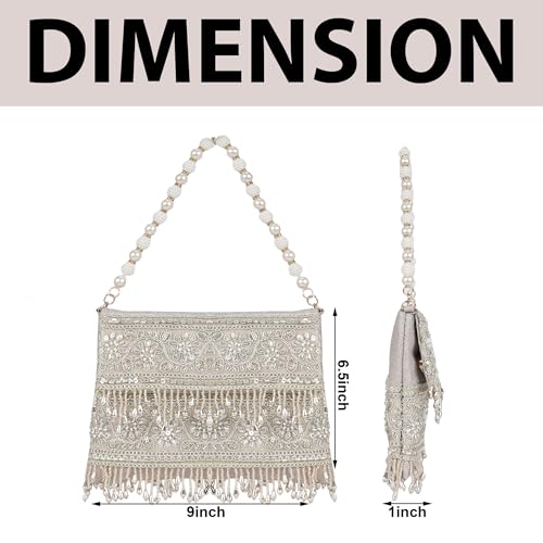 Image of Nevis PU Silk Fabric Women's Embellished bride Clutch with Pearl Handle | Fancy Designe & Wedding Potli Bag for Festive & Evening