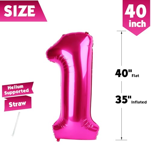 Image of 40 Inch Hot Pink Number 1 Balloon, 1st Birthday Party Decorations