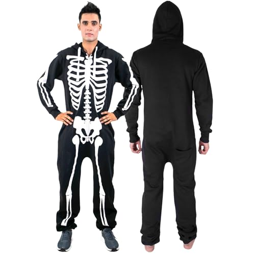 NOROZE Halloween Costumes for Men Women Unisex Adult Skeleton Costume, Hooded All in One, onesie Jumpsuit (Large, Black)