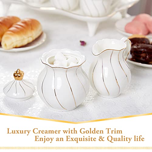 Dujust White Cream & Sugar Set, Luxury British Design In Golden Trims, 1 Sugar Bowl With Lid (12 Oz), 1 Creamer (8 Oz), Handcrafted Sugar Creamer Set, Decoration For Kitchen #TOP1