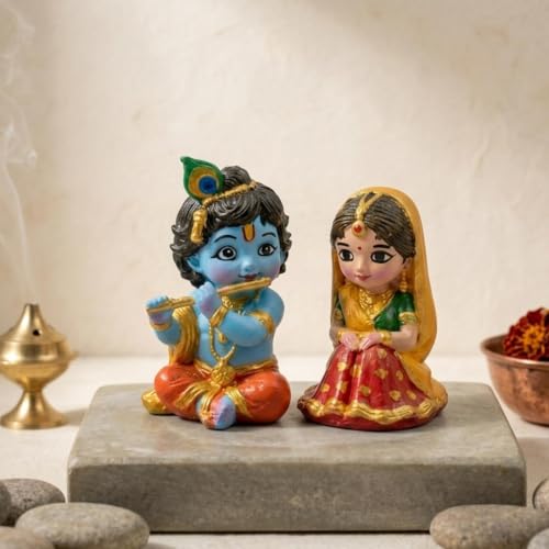 Image of Miniature Radha Krishna Pair Showpiece - Small Resin Cute Bal Gopal and Radha Rani Doll Set for Living Room Decoration, Janmashtami Decor, Navratri Golu & Wedding Return Gifts