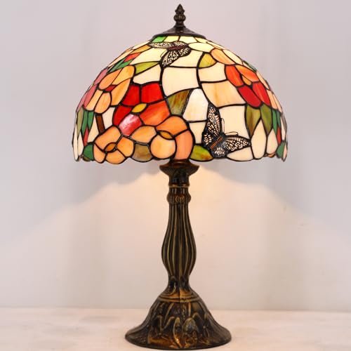 Image of WERFACTORY Tiffany Table Lamp Bedside Pink Stained Glass Lamp 18 Inch Tall