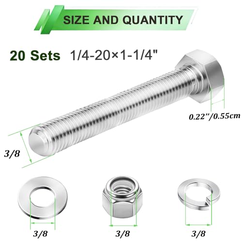 Image of 20 Sets 1 /4-20x1-1 /4 inch Stainless Steel Hex Head Screws Bolts, Nuts, Flat & Lock Washers,18-8(304) Full Thread