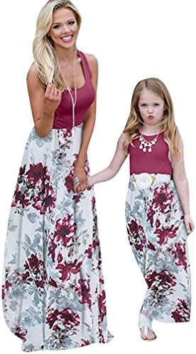BOFETA Mommy Baby Dresses Tropical Bohomian Round Neck Maxi Family Dress Wine Red Flower S