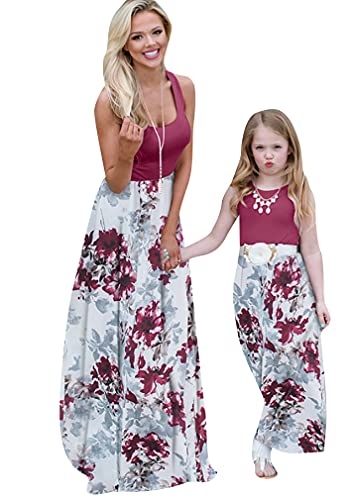 BOFETA Family Outfits Matching Sets for Pictures Elegant Casual Maxi Dress Wine Red Flower 9-10T