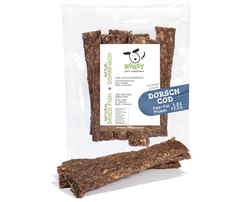 ROQSY Snack Naturale per Cani 100% Merluzzo – Basso Contenuto di Grassi, Monoproteico, Ipoallergenico, Senza Cereali – 100g