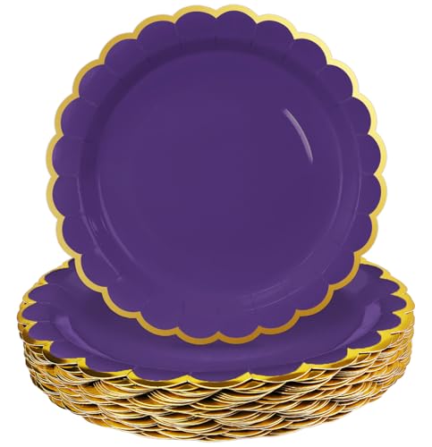 Image of HEIPINIUYE 50 Pieces Purple Paper Plates with Gold Foil 7 Inch Disposable Purple Scalloped Dinner Plates for Wedding Baby Shower Birthday Party Dessert Plate