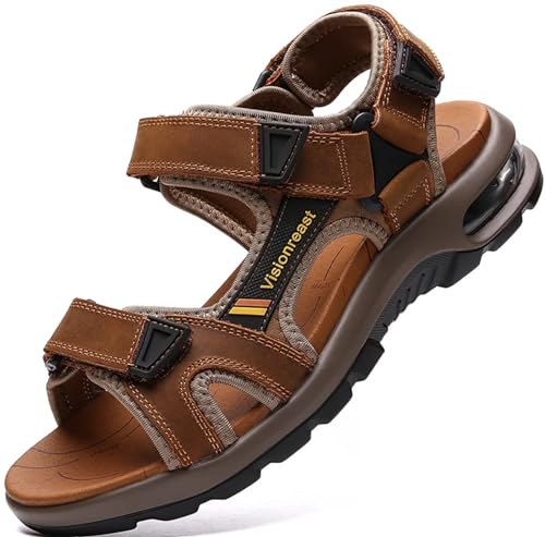 Visionreast Sandalia de Cuero para Hombres, Sandalias de Playa Cómodas para Caminar con Velcro, Calzado de Verano Deportivo al Aire Libre