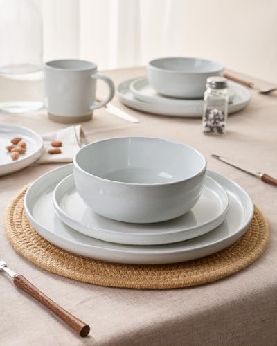 Image of Famiware Milkyway Stoneware Dinnerware Sets with Mugs, Service for 4 (16pcs), Plates and Bowls Sets, Scratch Resistant, Microwave and Dishwasher Safe Dishes Set, Light Gray